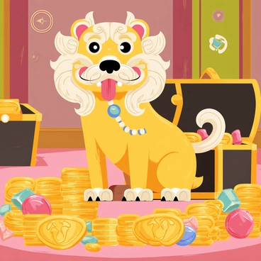 A foo dog with intricate carvings and an ornate design stands proudly in a treasure room. The foo dog is holding a string of shiny pearls in its mouth. Surrounding the foo dog are piles of golden coins, sparkling gems, and ornate relics, all glimmering in the soft light of the room. The walls of the treasure room are decorated with colorful tapestries and rich textures. A treasure chest is partially open, revealing more jewels and treasures spilling out.