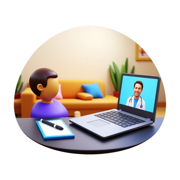 A patient sitting comfortably at home, engaged in a virtual consultation via a laptop. The patient is wearing casual clothing and appears attentive. The laptop screen displays an oncologist in a white coat, speaking clearly. The background of the room includes a cozy couch, soft lighting, and a few potted plants. A notepad and a pen are on the table beside the patient, indicating they are taking notes.