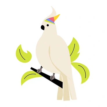A cockatoo wearing a tiny, charming hat on its head