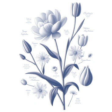 A vintage-style botanical print featuring an array of flower species. The print includes a central large flower, such as a peony, with intricate details on its petals. Surrounding this focal flower are smaller flowers like daisies and tulips, each labeled with their scientific names in elegant script. The composition is balanced, with flowers of varying sizes and shapes arranged harmoniously. Delicate leaves and stems are intertwined throughout the design, enhancing the natural aesthetics of the print. The overall presentation is well-organized, bringing attention to the diversity of the flower species.