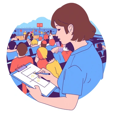 A spectator with short brown hair is sitting in the bleachers, holding a white clipboard with a pencil in hand. The clipboard displays squares where scores are recorded. The spectator is wearing a blue shirt and has a focused expression as they look down at the clipboard. In the background, there are several other spectators watching the event, and the bright colors of their clothing create a lively atmosphere in the bleachers.