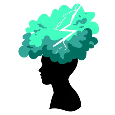 A black silhouette of a person stands against a vibrant background. Inside the head of the silhouette, there are swirling clouds in shades of teal. Bright flashes of lightning in white cut through the clouds, creating a dynamic and energetic contrast. The person's form is outlined sharply, providing a strong definition against the colorful elements surrounding it. The overall composition conveys a sense of movement and intensity, with the clouds and lightning evoking a stormy atmosphere within the silhouette.