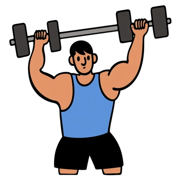 A person with light skin and short black hair is lifting a heavy dumbbell in a gym setting. The individual is wearing a blue tank top and black shorts. Their arms are flexed, showcasing the activated muscles in their biceps and triceps. The person's expression reflects concentration and determination as they perform the lift. The scene emphasizes the muscular definition, with highlights on the shoulders and back, illustrating the effort involved in the exercise.