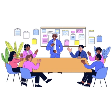 A workshop setting with a large wooden table in the center. Various participants are seated around the table, all smiling and clapping their hands in appreciation. In front of them stands the instructor, a middle-aged man with glasses, wearing a blue shirt. The background features a whiteboard filled with colorful notes and diagrams, and there are potted plants in the corners of the room. The atmosphere is lively and engaged, highlighting the interaction between the instructor and the participants.