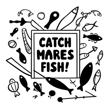 A vintage advertisement for fishing lures displayed prominently in the center. Various fishing lures are arranged artistically around the advertisement, showcasing their intricate designs and details. Below the lures, the words "Catch More Fish!" are bold and prominently featured. The background includes a variety of fish depicted in a stylized manner, each showcasing different sizes and shapes. The overall composition is filled with elements conveying a sense of nostalgia and excitement for fishing.
