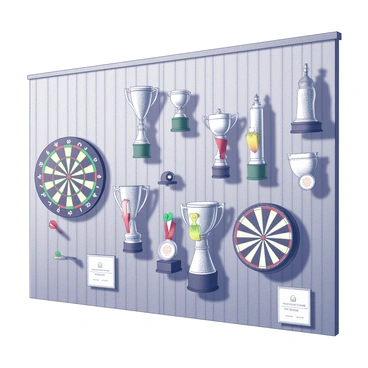 A wall adorned with an array of trophies and medals, showcasing various shapes and sizes. The trophies vary in height, some with bright, shiny bases and intricate designs, while others have a more minimalistic appearance. The medals, hanging from ribbons, exhibit different symbols and engravings, representing achievements in dart competitions. The wall itself is made of wood, providing a warm contrast to the gleaming awards. Nearby, a dartboard with vibrant colors is mounted, hinting at the competitive atmosphere of the darts club. A few dart flights and scoreboards are also visible, adding to the overall scene of sporting dedication.