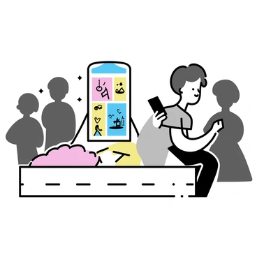 A person sitting on a wooden bench, holding a smartphone in their hands. The screen of the phone displays vibrant images, featuring bright colors and lively scenes. On one side of the image, there are various colorful social media posts, showcasing landscapes, celebrations, and smiling faces. On the other side, shadowy figures loom, appearing indistinct and vague, contrasting against the bright imagery. The person has short hair and is wearing a casual gray shirt. The background is minimalistic, drawing focus to the central action of scrolling through social media.