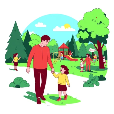A red parent is holding a small yellow child's hand while walking through a vibrant park filled with green trees and blooming flowers. The sun is shining brightly, casting soft shadows on the grass beneath their feet. The parent is looking down at the child with a warm expression, while the child looks up with a joyful smile. In the background, there are colorful playground structures and other families enjoying their time in the park.