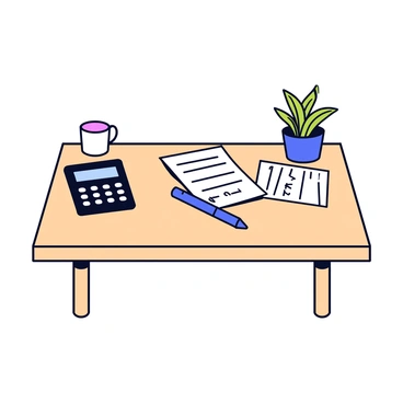 A home office desk made of light wood with a smooth surface. On the desk, there are several tax forms scattered in disarray. A black calculator is positioned next to the forms, with its screen displaying numbers. A blue pen is lying beside the calculator, and there is a coffee mug with a simple design positioned at one corner of the desk. The room has a simple wall in a neutral color, and a small potted plant adds a touch of green to the workspace.