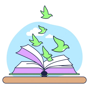 An open book is placed on a wooden table, its pages fluttering as if caught by a gentle breeze. The pages are transforming into a flurry of birds, each bird gracefully taking flight from the edges of the pages. The birds are depicted in various stages of flight, some still attached to the pages, while others are soaring upwards into the sky. The background shows a clear blue sky, enhancing the sense of freedom and movement as the birds ascend into the air.