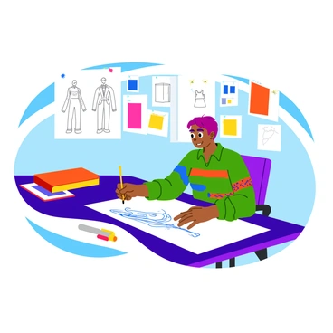 A fashion designer focused on sketching a new luge suit. The designer has short, vibrant hair and is seated at a drafting table surrounded by various colored markers and fabrics. The table holds a large sheet of paper with intricate designs featuring dynamic patterns in bold colors like blue, red, and yellow. The suit design includes sleek lines and aerodynamic shapes, emphasizing movement. In the background, there are additional sketches and swatches pinned to a bulletin board, showcasing different styles and color combinations. The scene is well-lit, creating a bright and energetic atmosphere.