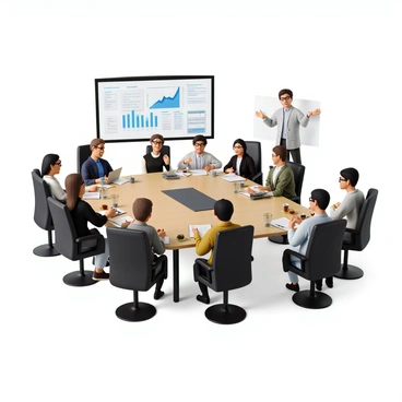 A spacious conference room filled with natural light, featuring a long rectangular table surrounded by several participants. Each participant is engaged in various activities, such as discussing strategies in small groups and taking notes on notepads. There are presentation materials displayed on a screen at the front of the room, showcasing graphs and key points about joint venture strategies. Some participants are using laptops, while others are collaborating over documents spread across the table. The atmosphere is lively and focused, with a diverse group of professionals dressed in business casual attire. On the table, there are also refreshments like coffee and snacks for the participants.