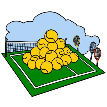 A pile of bright yellow tennis balls forming a small mountain at the corner of a tennis court. The balls are stacked haphazardly, some slightly rolling off the edges. The court is a deep green color with white lines marking the service boxes and baselines. In the background, there are tennis rackets leaning against a nearby fence and a clear blue sky overhead. Sunlight illuminates the tennis balls, highlighting their fuzzy texture.