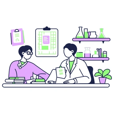 A researcher is seated at a desk in a laboratory, focused on analyzing data from filled questionnaires. The researcher, wearing a lab coat and glasses, is looking intently at a laptop screen displaying a spreadsheet filled with information. Surrounding the researcher are various laboratory equipment such as beakers, test tubes, and a microscope. A stack of completed questionnaires is neatly arranged on one side of the desk, while a green clipboard is holding additional forms. The walls of the laboratory are lined with shelves containing reference books and scientific journals. A small potted plant sits on the corner of the desk, adding a touch of greenery to the workspace.