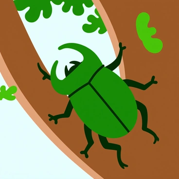 A large Hercules beetle with a glossy green body is gripping onto the rough brown bark of a tree. The beetle's impressive curved horns extend prominently from its head. The tree bark is textured with deep grooves and patches of green moss, adding detail to the setting. Sunlight filters through the leaves above, casting dappled shadows on the beetle and the bark. The scene captures the intricate features of the beetle and the natural environment it clings to.