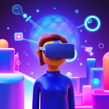 A person wearing a "VR headset" with a sleek design is standing in a vibrant "futuristic digital world". The environment features glowing geometric shapes and neon lights all around. The person's body is slightly tilted, indicating engagement with the immersive experience. Various holographic images and data streams are visible in the air, creating an interactive atmosphere. The individual is dressed in a modern outfit, enhancing the futuristic feel of the scene.