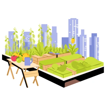 A rooftop garden situated in a bustling city environment, showcasing a variety of green plants and colorful vegetables. The garden contains tall, leafy tomato plants with bright red tomatoes, leafy lettuce arranged neatly in rows, and vibrant peppers in hues of yellow and green. There are rectangular wooden planter boxes filled with herbs like basil and rosemary. The skyline of the city can be seen in the background, with tall buildings and a bright blue sky overhead. A small wooden table is set up in the garden, topped with gardening tools and a watering can.
