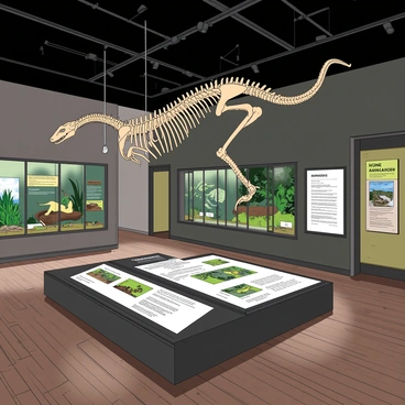A large snake skeleton is suspended from the ceiling of an educational museum exhibit. The skeleton is displayed in a dynamic pose, showcasing its elongated body and intricate ribcage. Beneath the skeleton, there are interactive digital screens with information about snake anatomy and their habitats. Surrounding the exhibit, there are several glass display cases featuring various snake species, and educational posters on the walls highlighting snake conservation. The overall atmosphere is designed to engage visitors with the wonders of reptilian life.