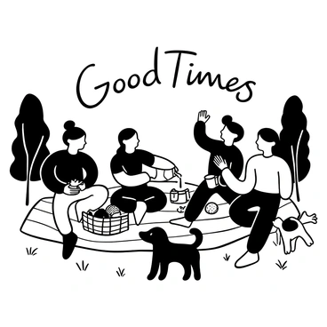 A group of five friends sitting on a large picnic blanket spread out on the grass. They are surrounded by a picnic basket filled with fruits, sandwiches, and drinks. One friend is pouring lemonade from a pitcher into cups. Another is holding a sandwich, while a third is laughing and pointing at something amusing. A small dog is playfully running around nearby. The trees in the background are silhouetted against a fading light, creating a sense of a warm, inviting atmosphere. The words "Good Times" are displayed above the scene.