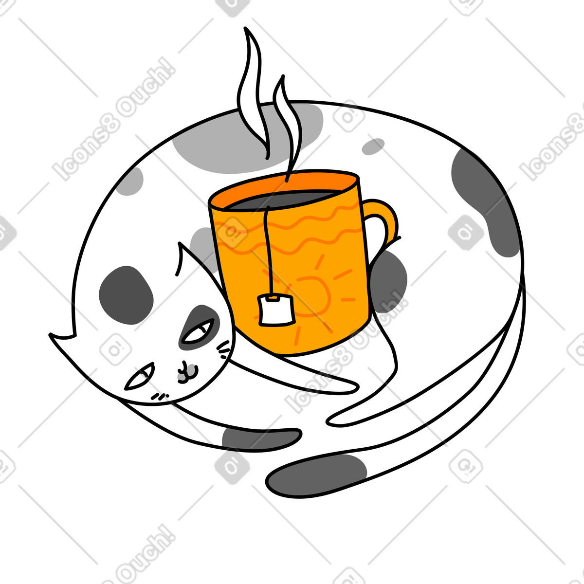 Иллюстрация Spotted cat and hot beverage, Rest coffee break concept в стиле Purr — скачать в форматах PNG, SVG