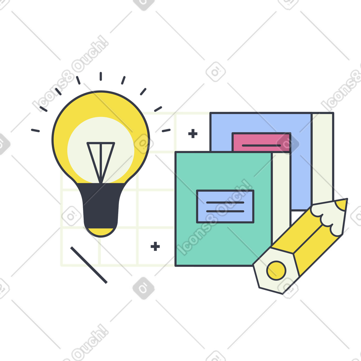 Books, pencil, and lightbulb, Learning and creativity in education illustration in Abstract style download in PNG, SVG