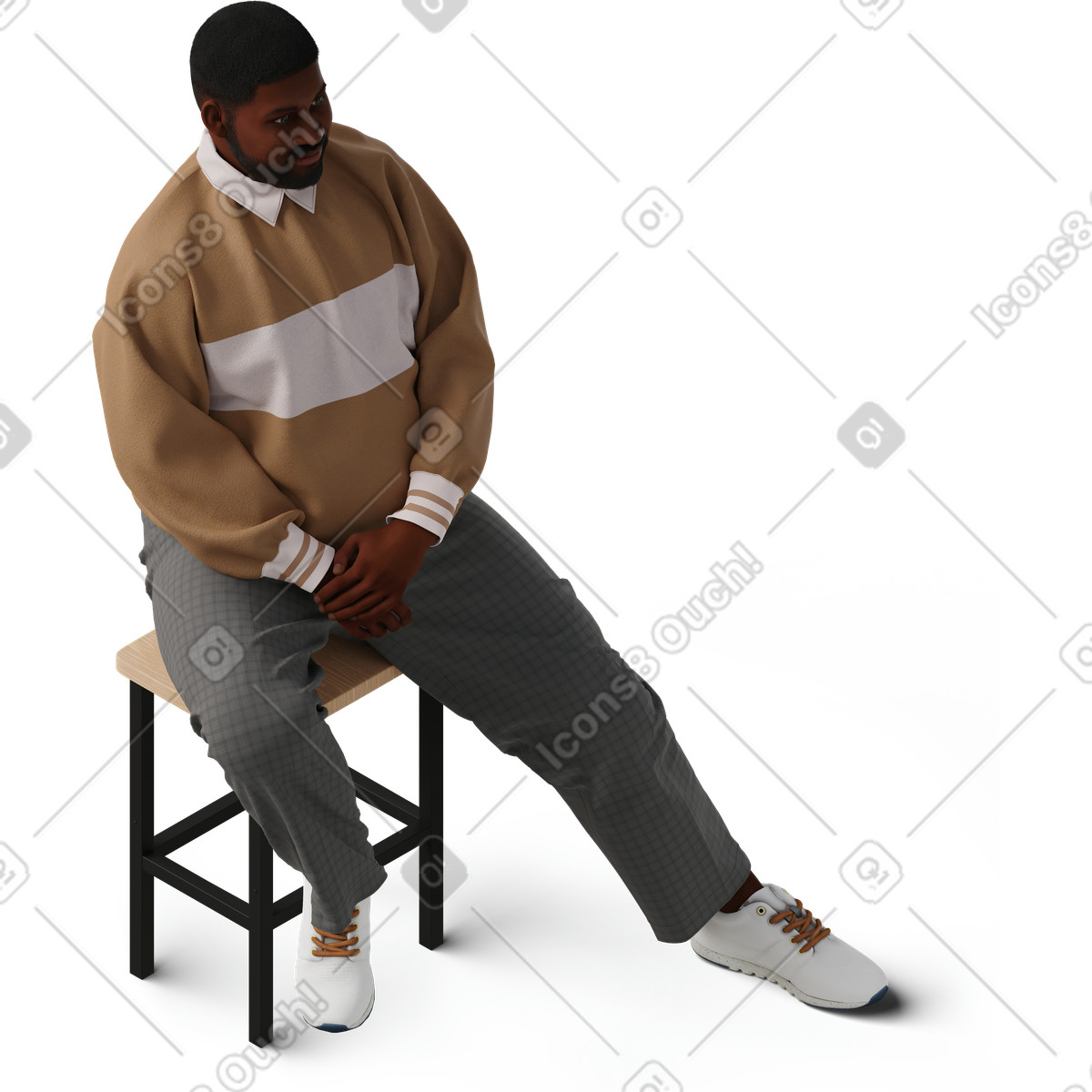 下载 3D Hygge 风格的 Isometric view of young man sitting on stool 插画，支持 PNG、SVG 格式