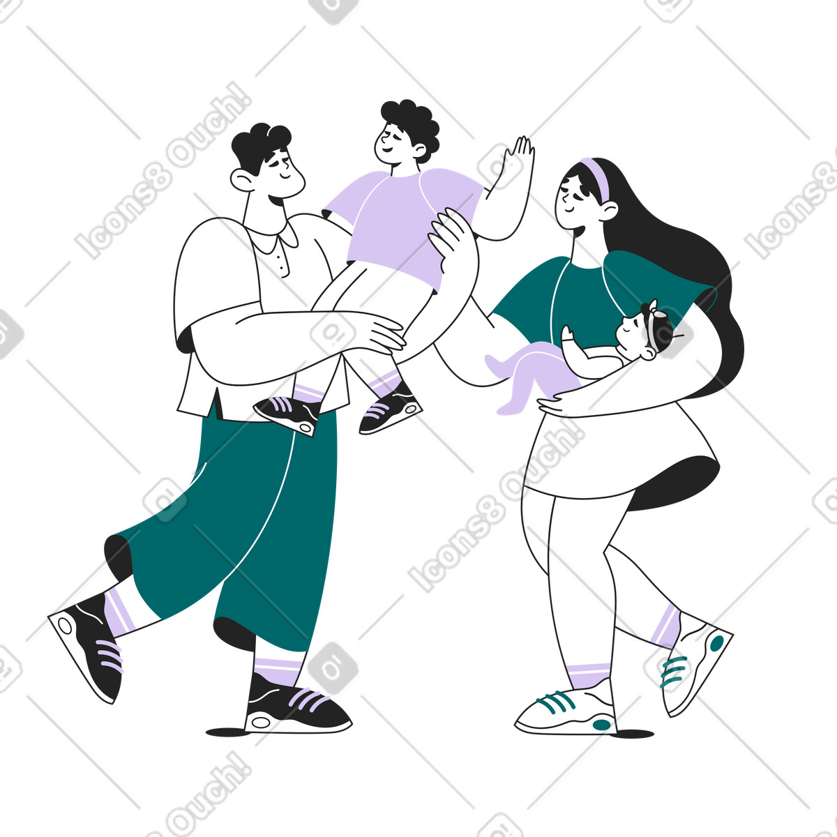 Happy family with two children, Bonding and parenthood illustration in Sammy Line style download in PNG, SVG