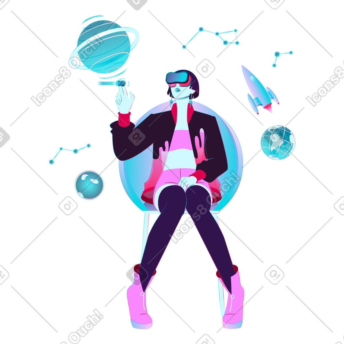 Interaction with floating planets in vr, immersive learning and discovery illustration Neon style download PNG, SVG
