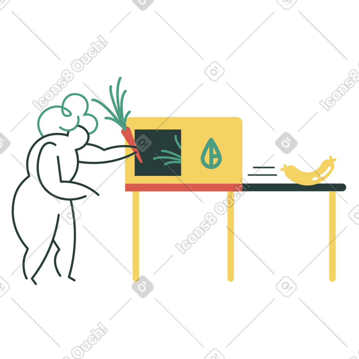 Woman synthesizing an organic sausage illustration in Macaroni style download in PNG, SVG