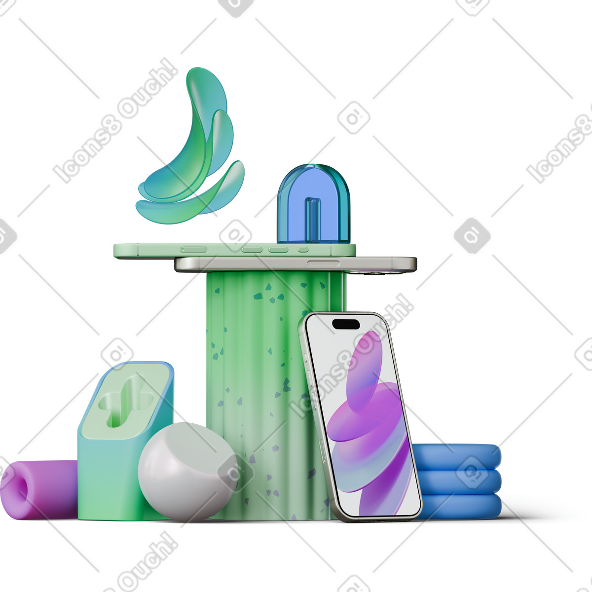 Front view of smartphones with abstract figures illustration in 3D Hygge style download in PNG, SVG