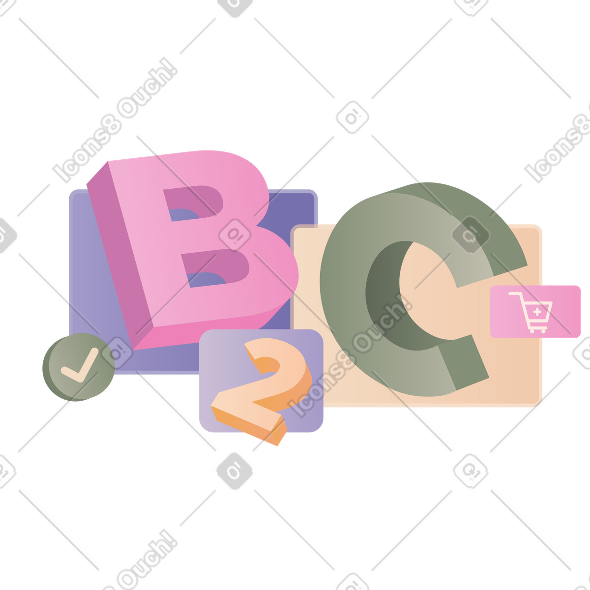 下载 Coworking 风格的 带有购物车符号和复选标记文本的字母 b2c 插画，支持 PNG、SVG 格式