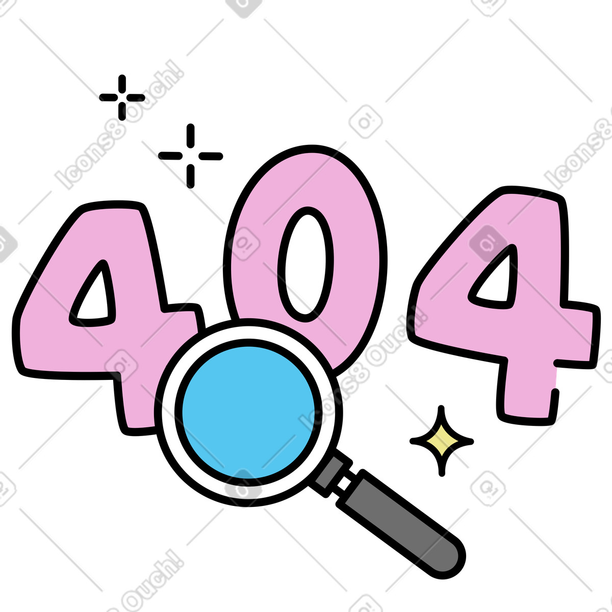 404 error and magnifier, Website not found or missing page-Illustration im Mochi-Stil als Download in PNG, SVG