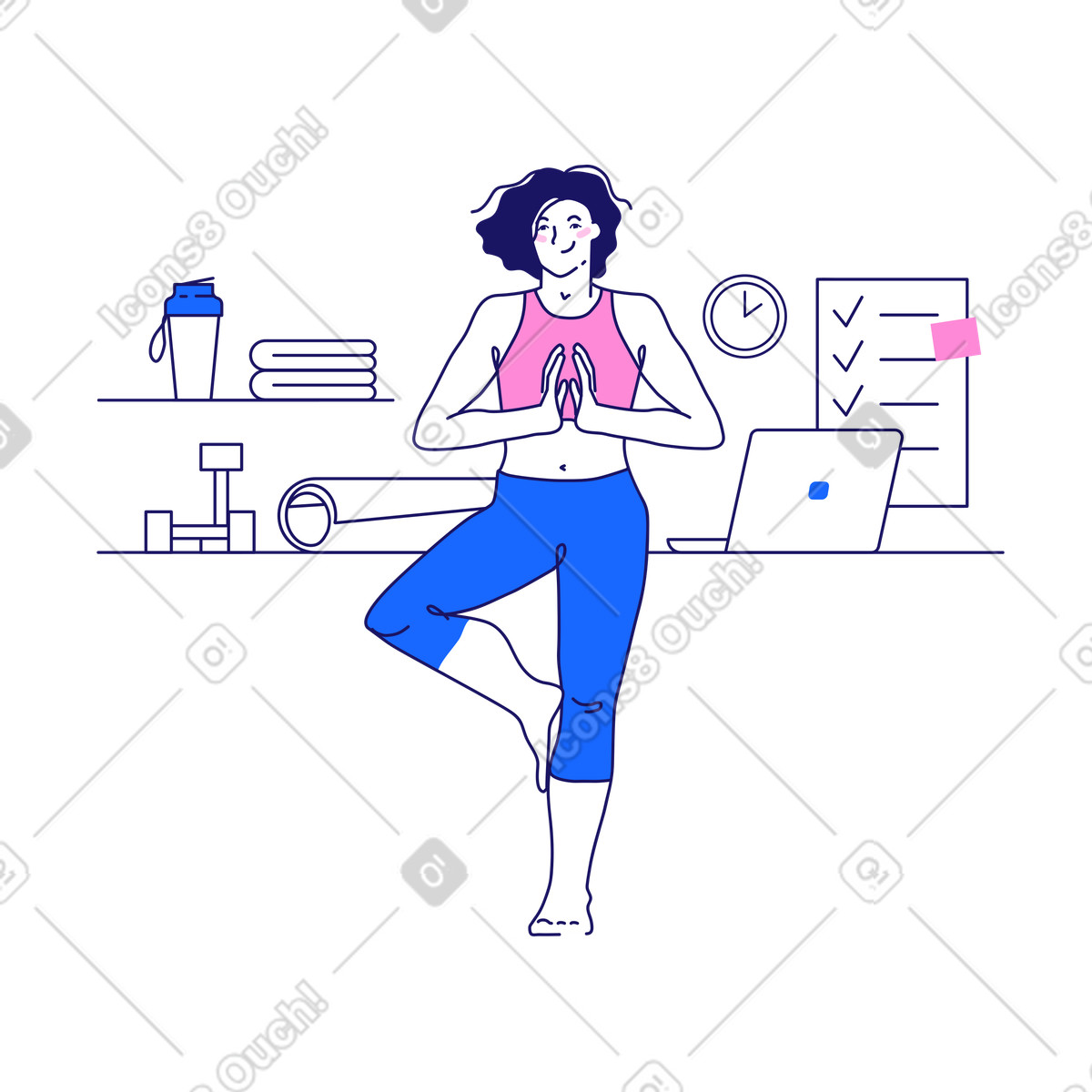 Matey 스타일의 Practicing yoga at home, Healthy lifestyle and remote fitness routine 일러스트레이션 PNG, SVG 다운로드