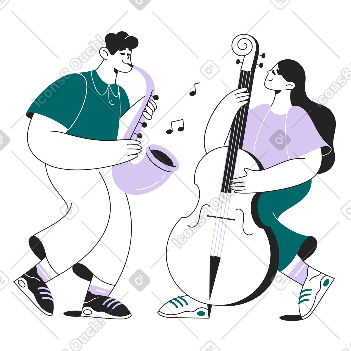 Musicians playing saxophone and double bass, Live music entertainment illustrazione in stile Sammy Line scarica in PNG, SVG