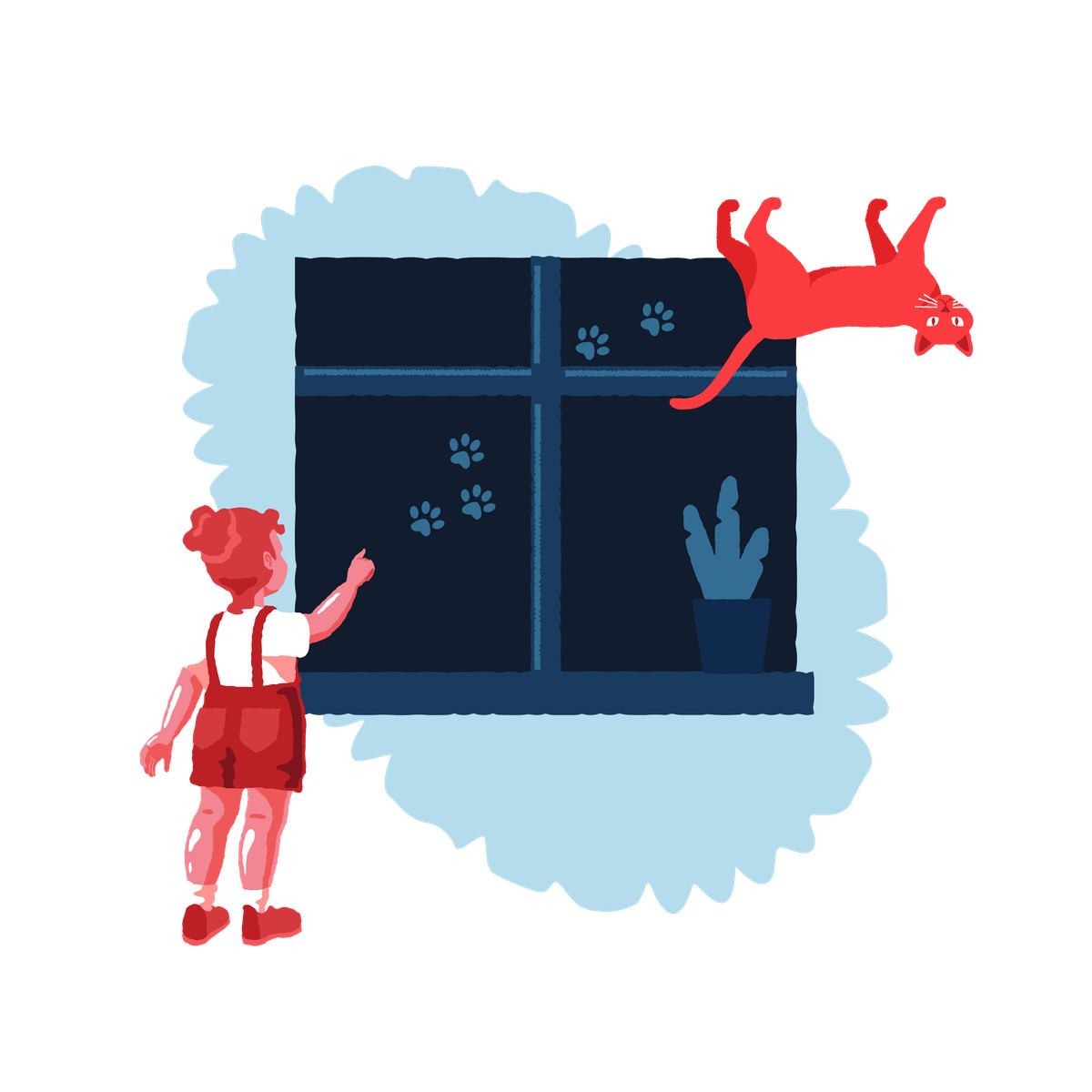 Cherry 스타일의 Girl pointing to the traces of cat's paws on window 일러스트레이션 PNG, SVG 다운로드