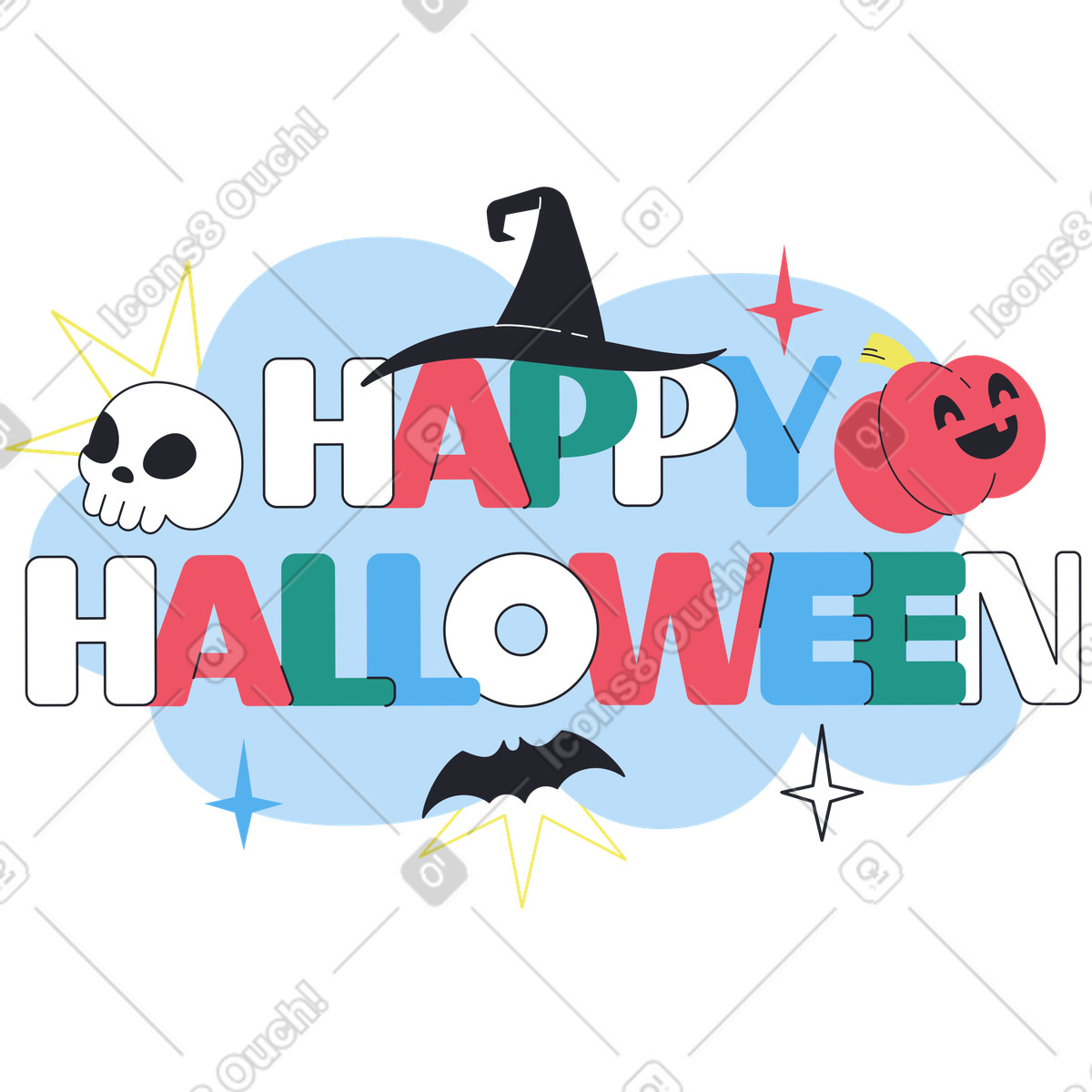 Illustration Halloween greeting with pumpkin and bats, Holiday dans le style Boba à télécharger aux formats PNG, SVG