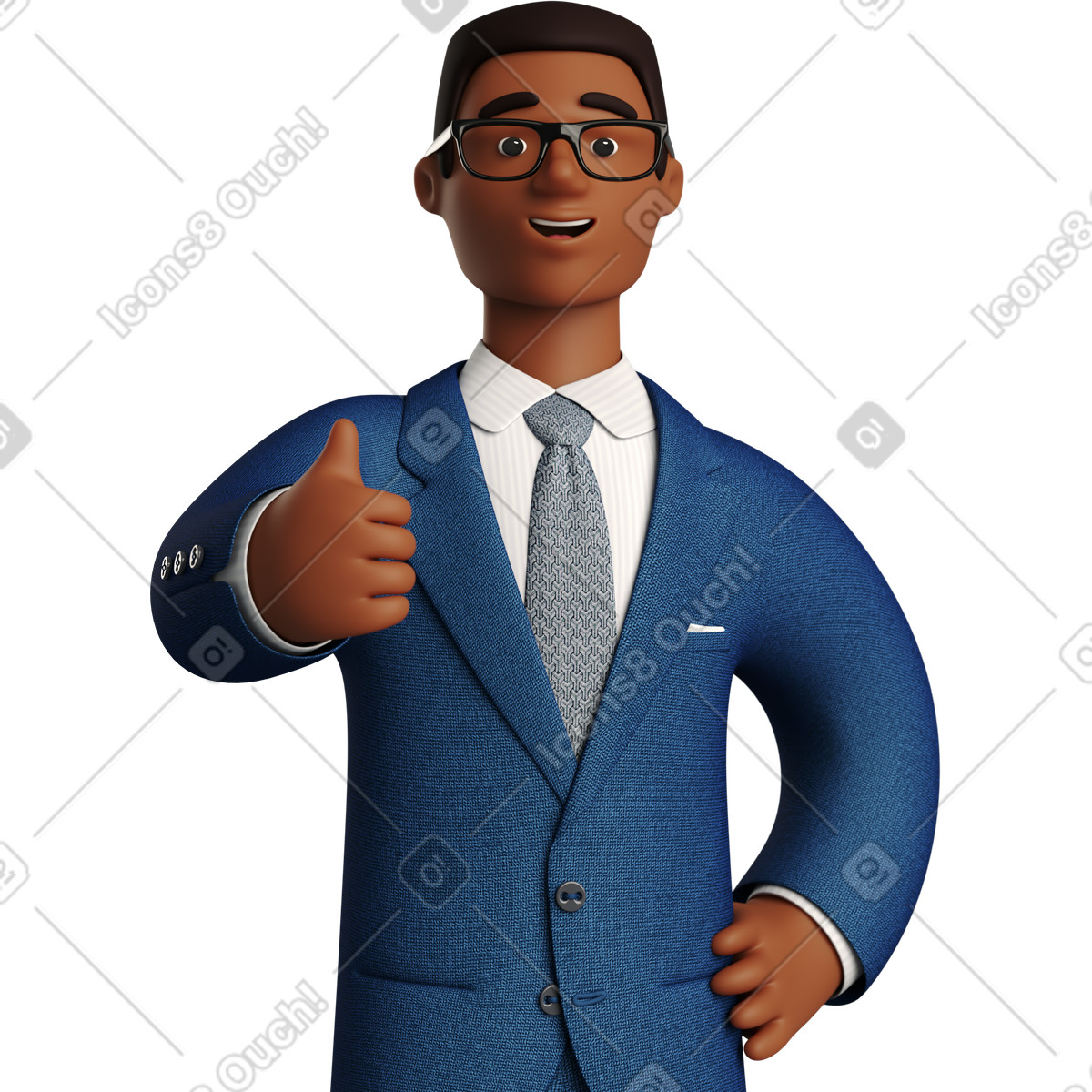 Ilustración Black businessman in blue suit giving thumbs up en estilo 3D Business a descargar en PNG y SVG