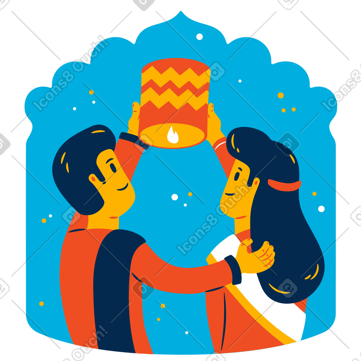 Indian couple release sky lantern illustration in Flame style download in PNG, SVG