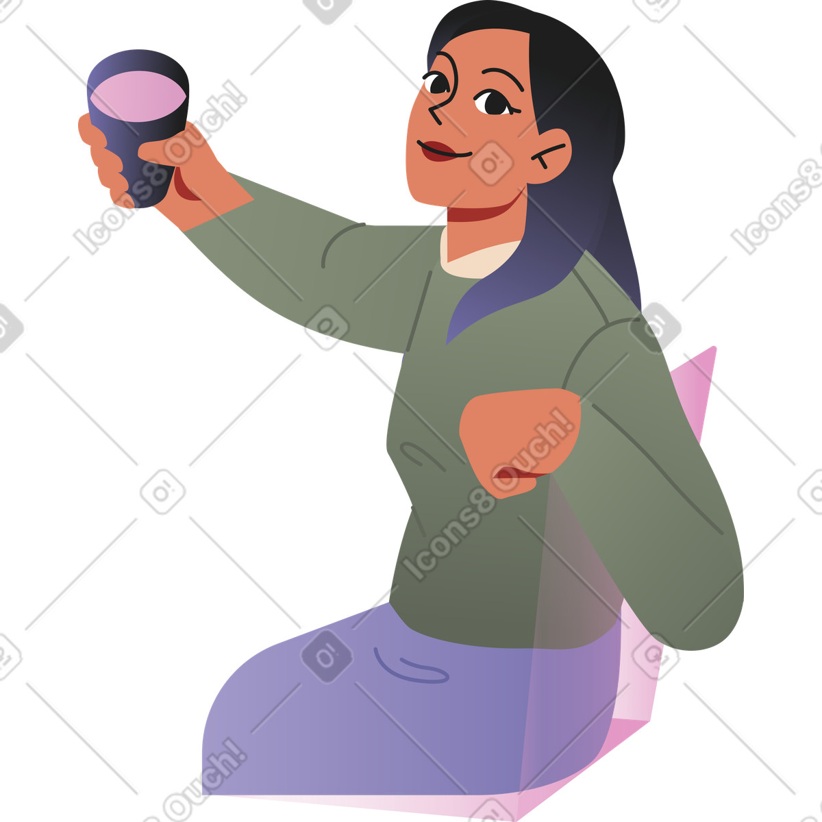 Young woman sitting with a glass in her hand looking at the viewer illustration Coworking style download PNG, SVG