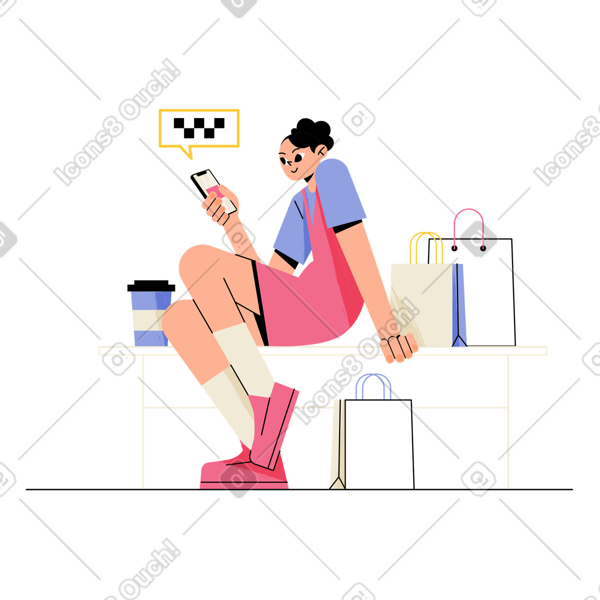 Juicy スタイルの 携帯電話でタクシーを呼ぶ買い物袋を持つ女の子 のアニメーションイラストをGIF、Lottie (JSON)、AEでダウンロード