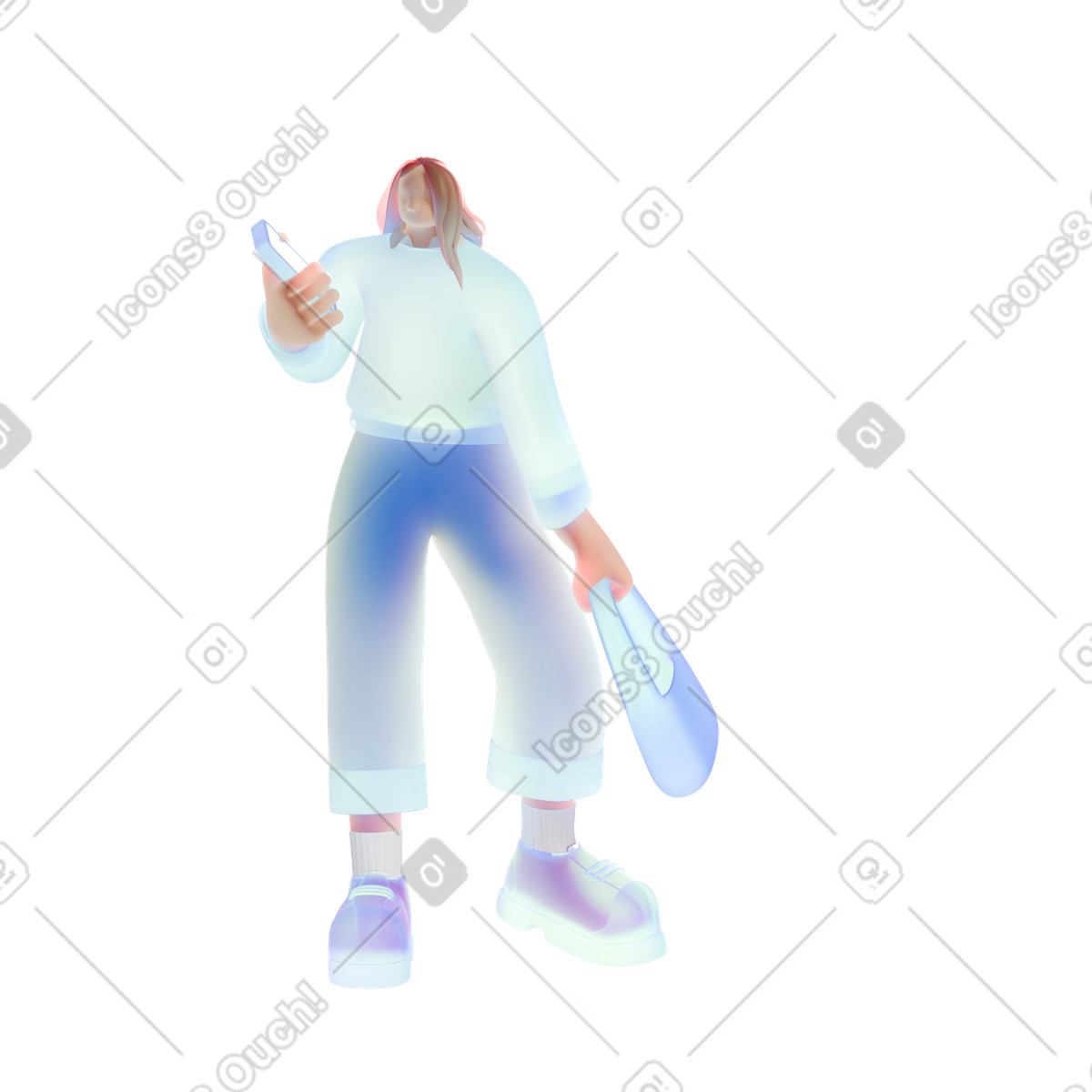 Person with bag and phone illustration in 3D Airy style download in PNG, SVG