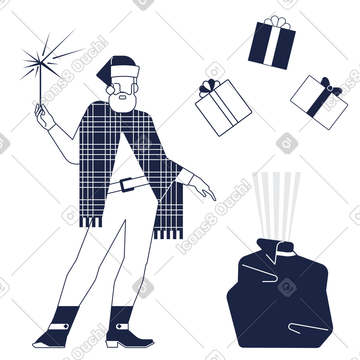 Santa Claus with sparkler and presents, Winter holiday surprise illustrazione in stile Urban Line scarica in PNG, SVG