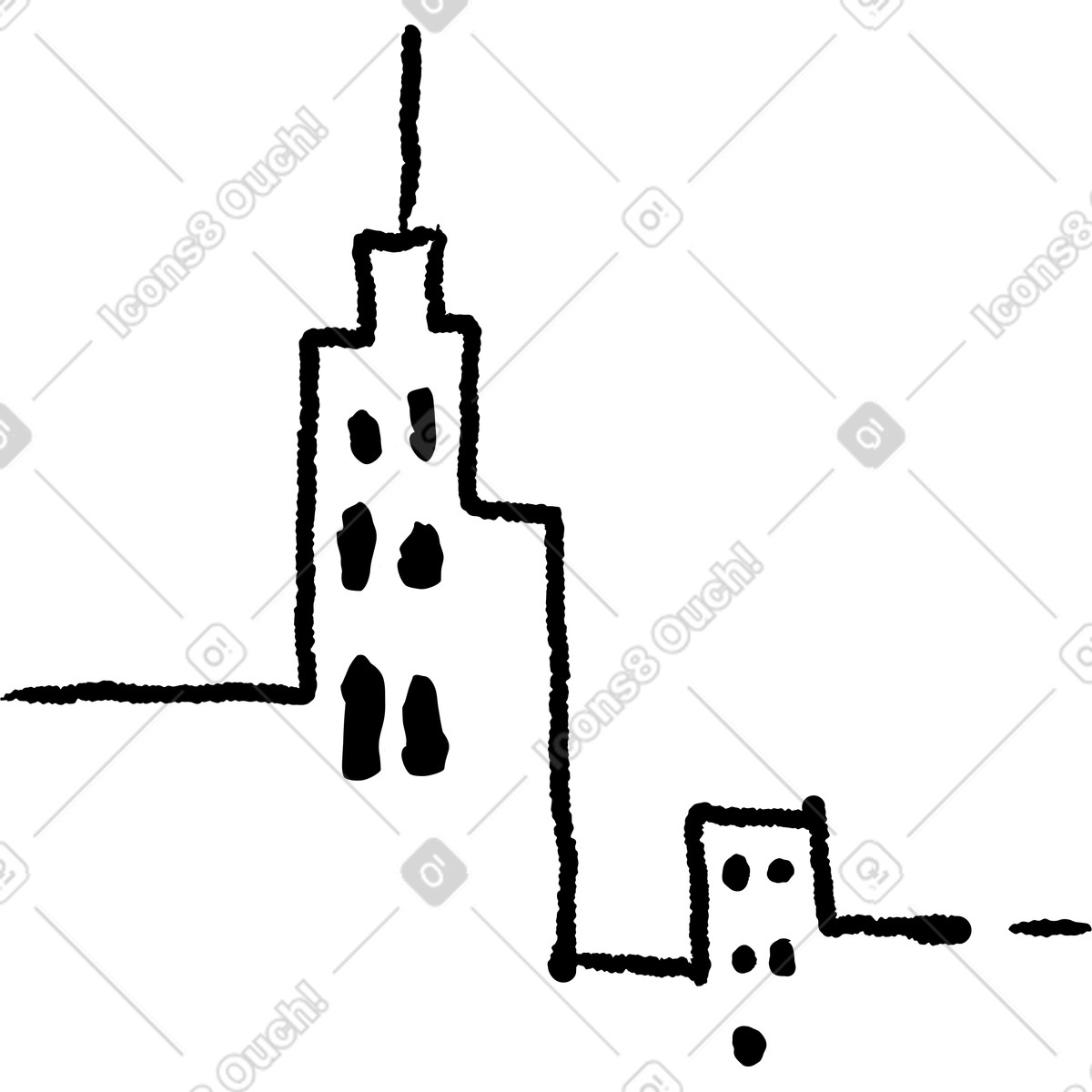 下载 Black Chalk 风格的 Skyscraper outline with antenna and smaller building city skyline 插画，支持 PNG、SVG 格式