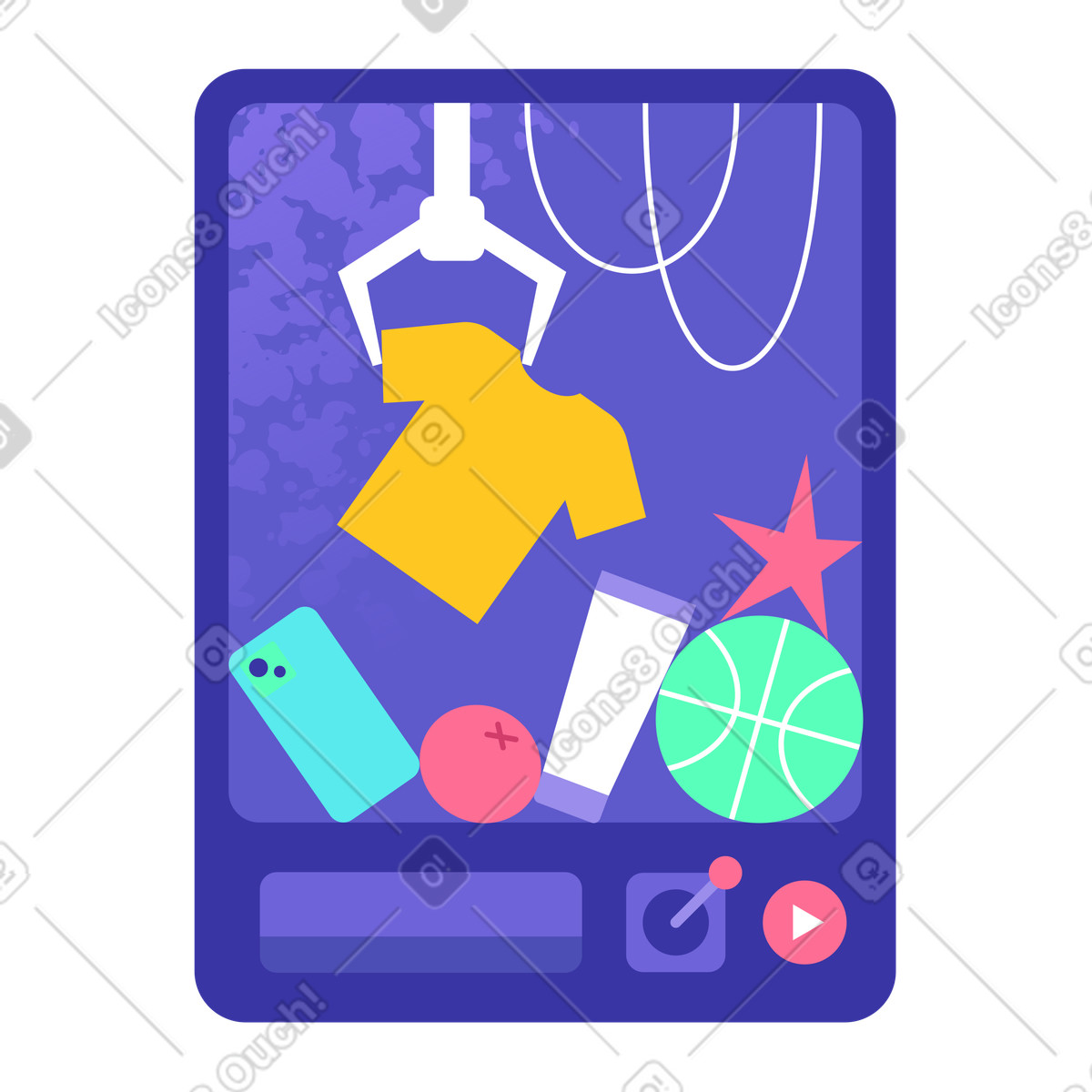 Illustration Machine à pince pour attraper un t-shirt, concept de shopping en ligne gamifié dans le style Bright télécharger aux formats PNG, SVG