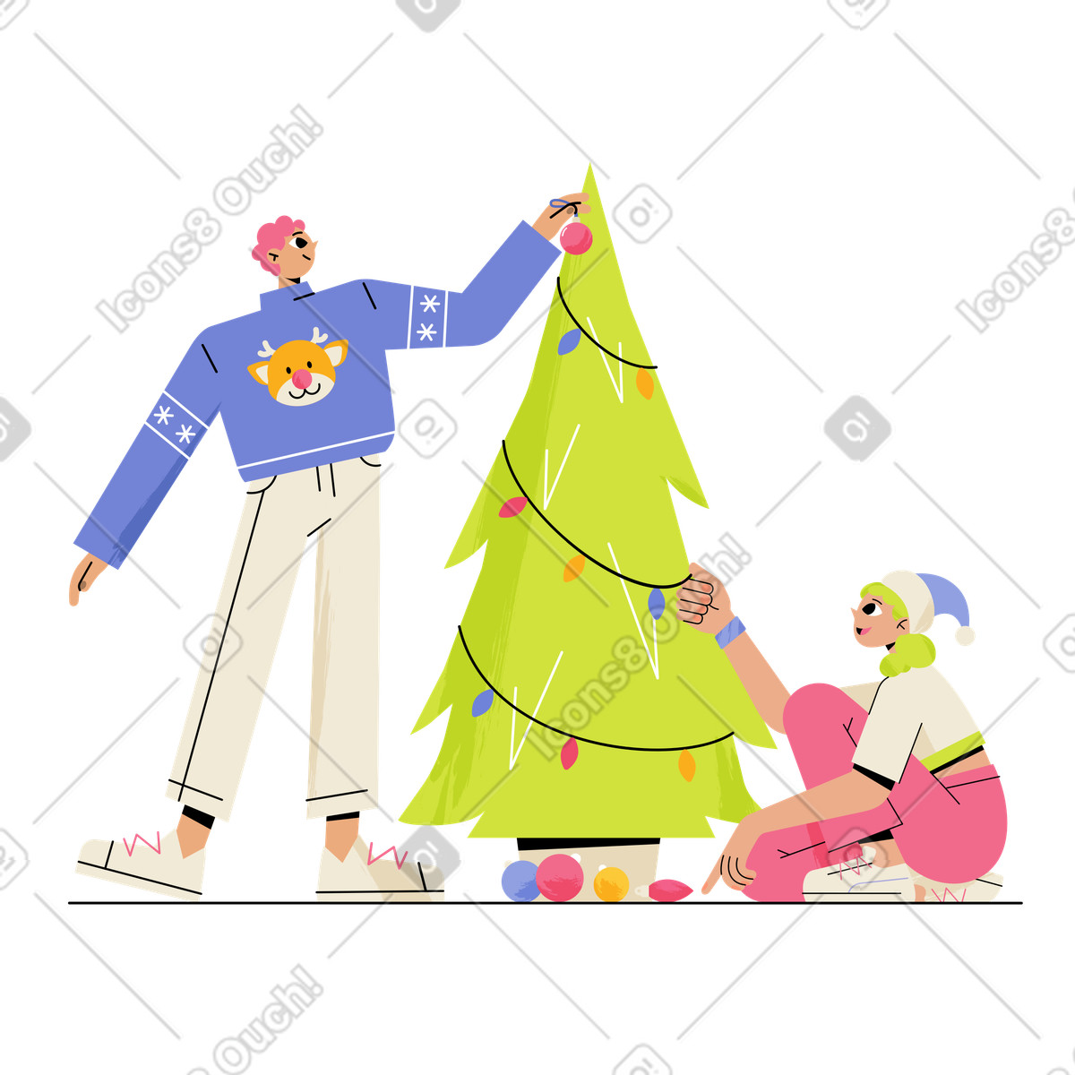 下载 Juicy 风格的 Enjoying Christmas tree decoration, Holiday spirit and togetherness 动画插图，支持 GIF、Lottie （JSON）、AE 格式