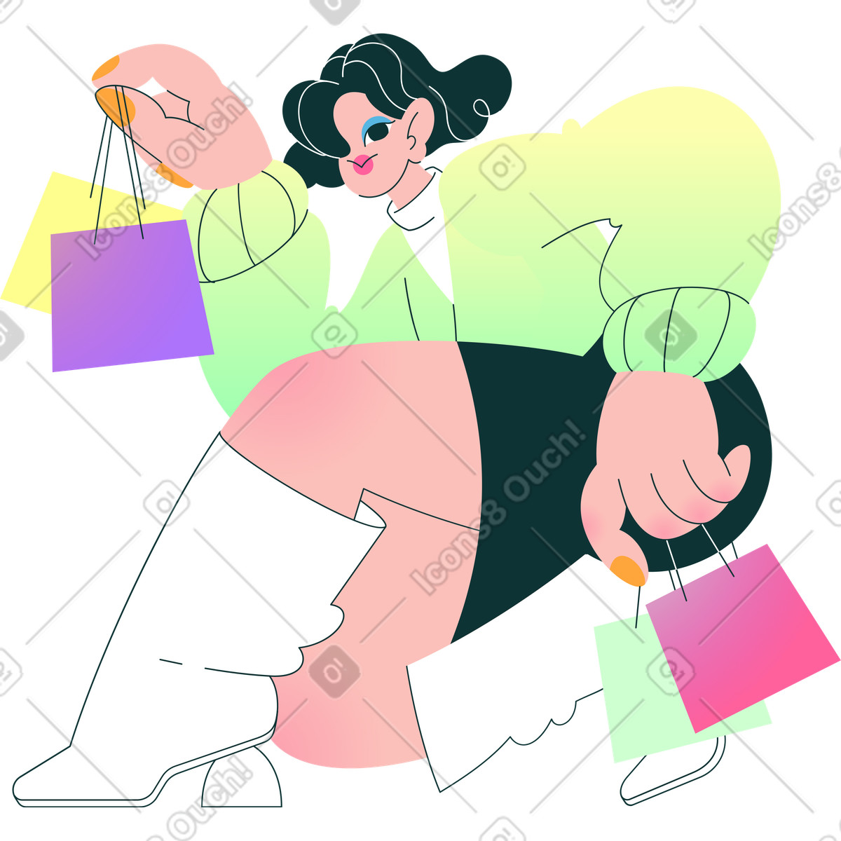 Ilustração de Mulher em botas da moda agachada com compras no estilo Florid para baixar PNG, SVG