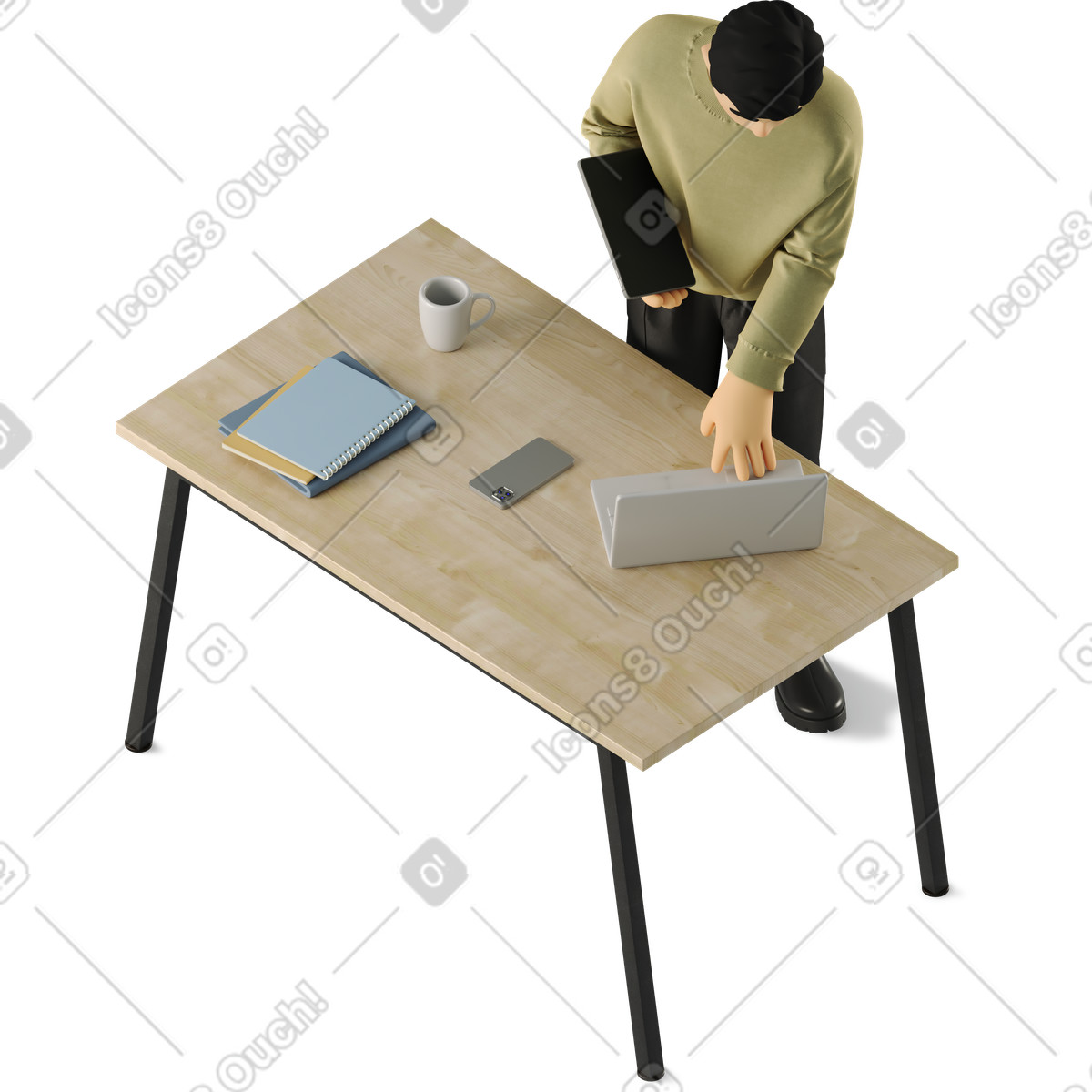 Young man approaching his desk illustration in 3D Business style download in PNG, SVG