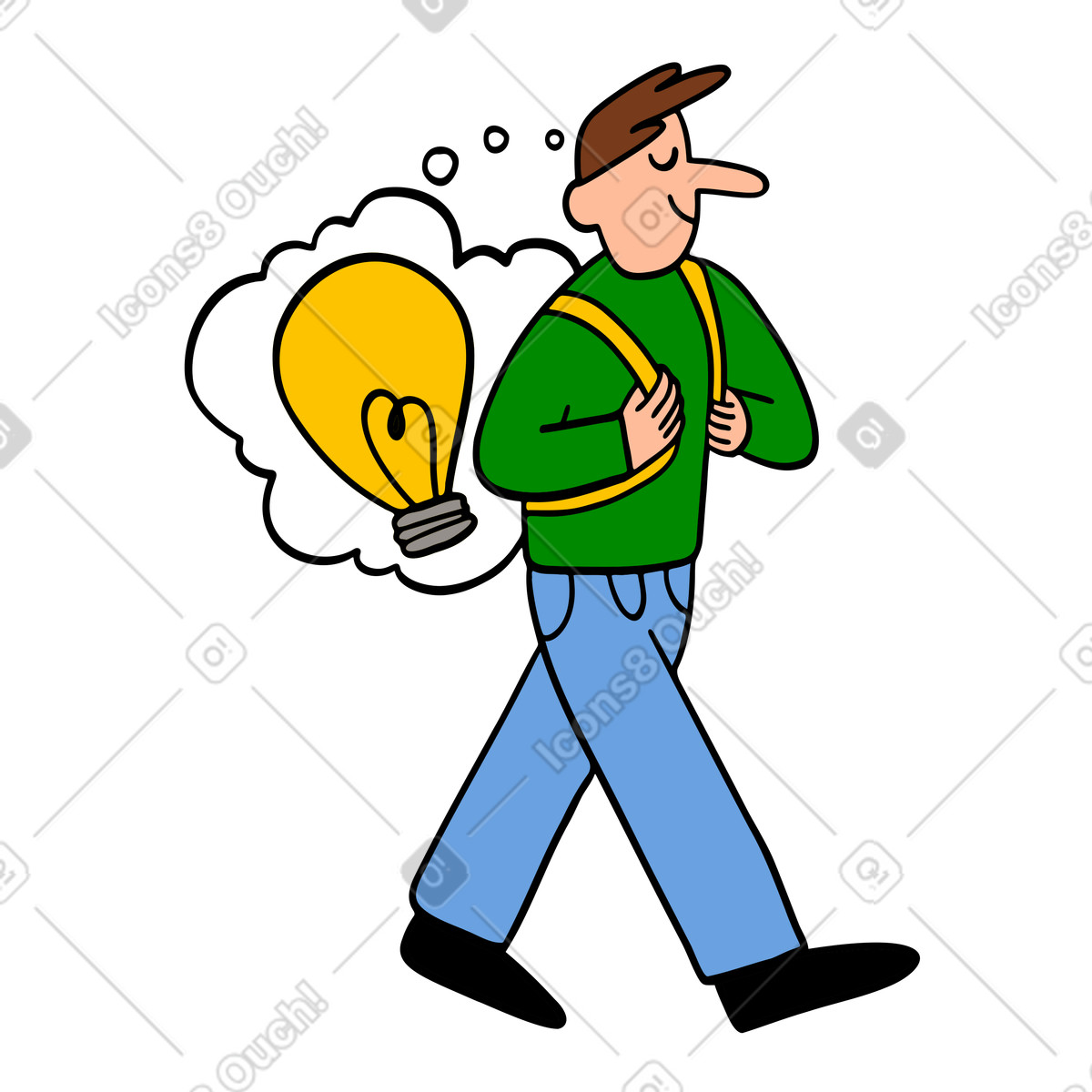 Student walking with thought bubble backpack, creative thinking in education illustration in Comic style download in PNG, SVG