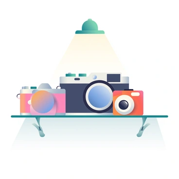 A collection of various film cameras is displayed on a sleek glass shelf. Each camera has distinct features; there is a classic black Leica camera with a silver lens, a vintage Nikon F2 in a rich chrome finish, and a compact Canon AE-1 in a bold orange color. The cameras are arranged in an aesthetically pleasing manner, with the Leica positioned prominently in the center. Soft reflections of the cameras can be seen on the glass shelf, enhancing the visual appeal. Above the shelf, a soft light casts gentle shadows, highlighting the intricate details of each camera.