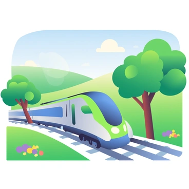 A sleek electric train with a streamlined, aerodynamic design is speeding through a verdant countryside. The train has a metallic silver body with vibrant blue and green accents. Rolling hills of bright green grass extend into the distance, dotted with clusters of vibrant wildflowers in shades of yellow and purple. Lush trees line the track, their leaves a rich shade of green, swaying gently in the breeze. A clear blue sky with a few fluffy white clouds provides a backdrop for the dynamic scene. The train's motion creates a sense of speed, as it leaves a subtle trail of dust behind on the rural track.